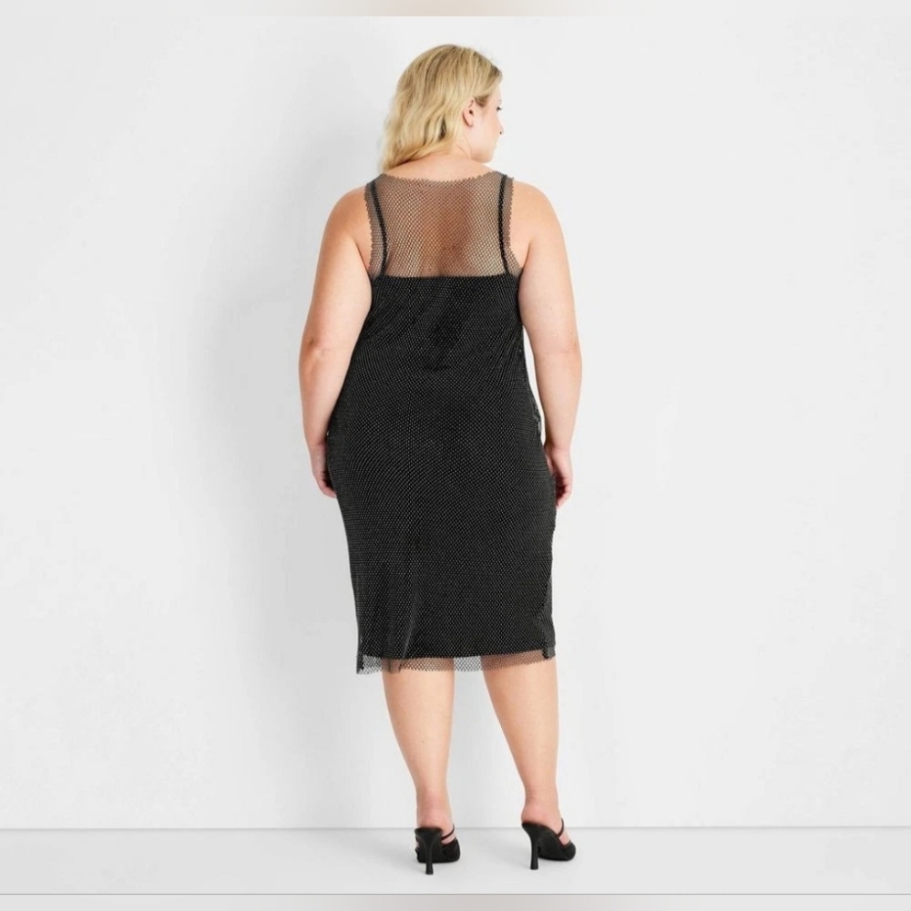 Women's Holiday Rhinestone Mesh Midi Bodycon Dress - Future Collective Black XL - Picture 2 of 9